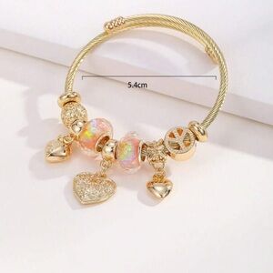 Gold-Tone Pink Iridescent Heart Charm Bracelet - Women's Fashion Bracelet
